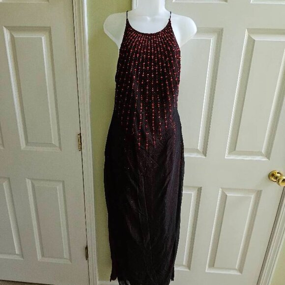 Vintage JSBoutique 90s Red & Black Beaded Criss Cross Back Maxi Formal Dress - Picture 3 of 15